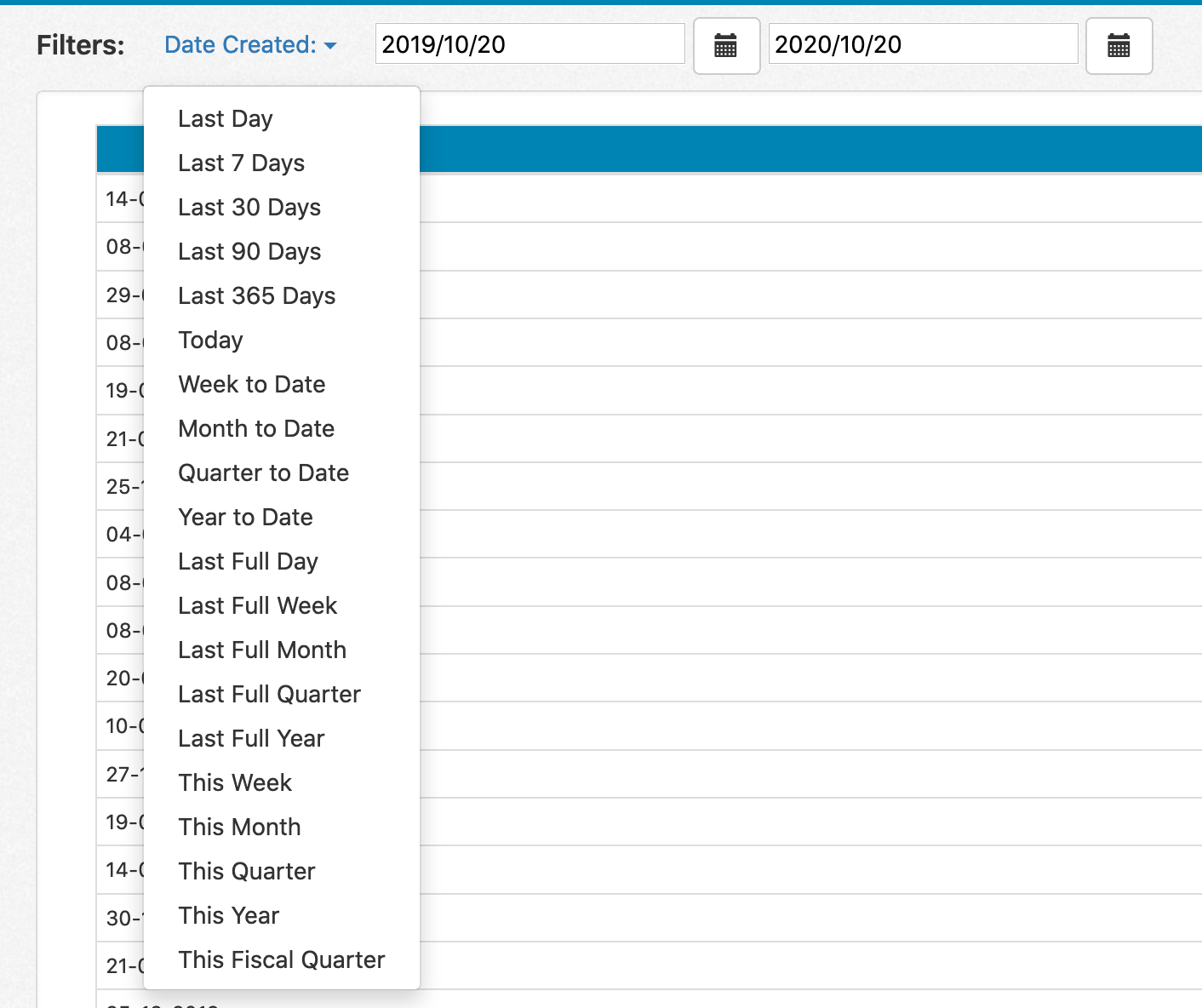 Date Range Filter Options